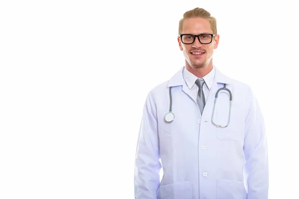 Estúdio Tiro Jovem Médico Homem Feliz Sorrindo — Fotografia de Stock