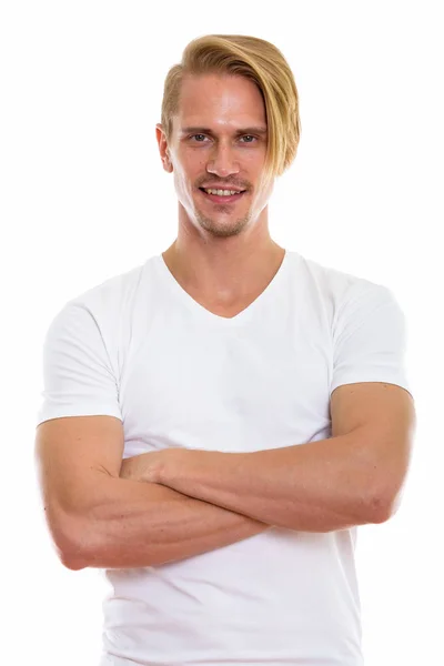 Studio Shot Happy Young Handsome Man Smiling Arms Crossed — Stock Photo, Image