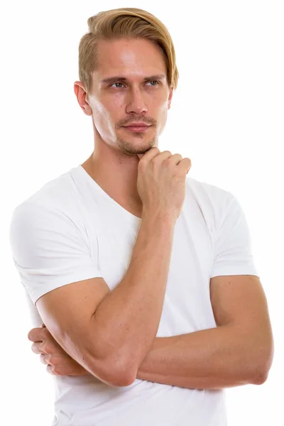 Studio Shot Young Handsome Man Thinking While Looking Distance — Stock Photo, Image
