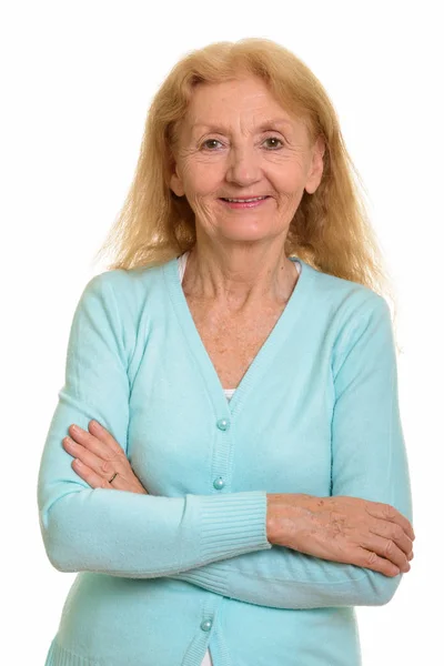 Studio Shot Happy Senior Woman Smiling Arms Crossed — Stock Photo, Image