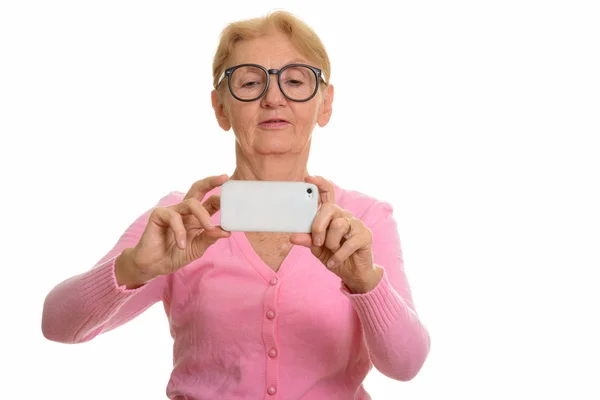 Senior Nörd Kvinna Bild Med Mobiltelefon — Stockfoto