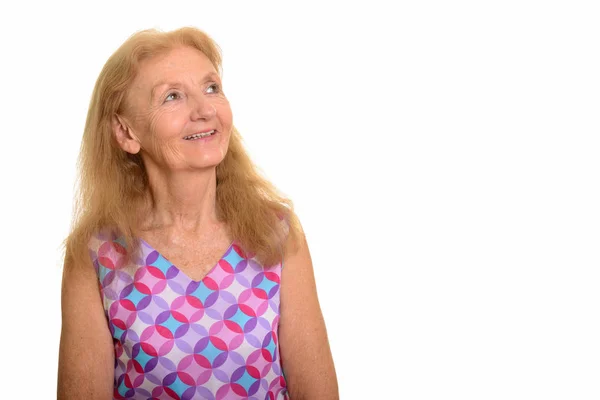 Studio Shot Happy Senior Woman Smiling Thinking — Stock Photo, Image