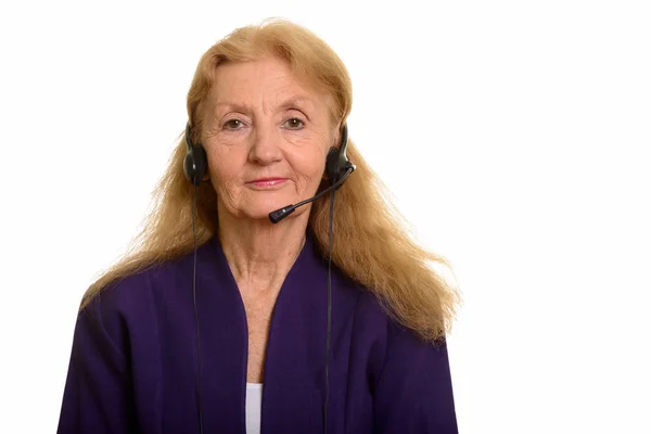 Senior Businesswoman Wearing Headphones Working Call Center — Stock Photo, Image