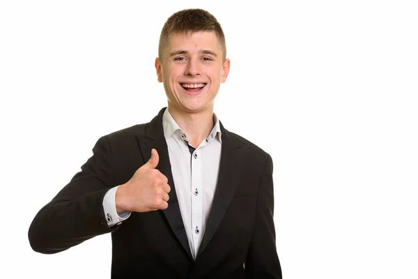 Estúdio Tiro Jovem Empresário Feliz Sorrindo Dando Polegar Para Cima — Fotografia de Stock