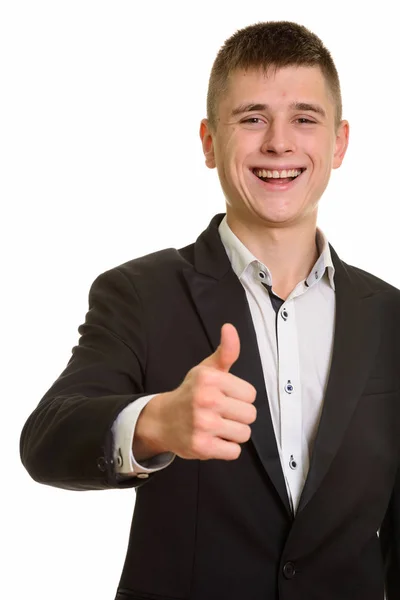 Studio Shot Young Happy Businessman Smiling Giving Thumb — Stock Photo, Image