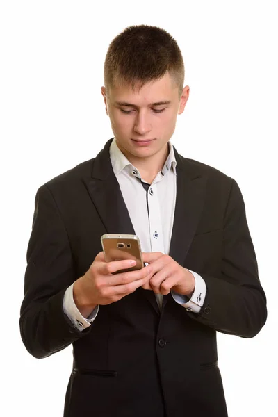 Estúdio Tiro Jovem Empresário Usando Telefone Celular — Fotografia de Stock