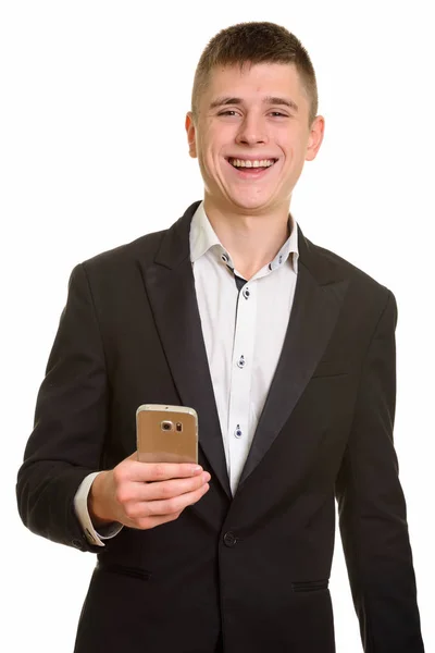 Studio Colpo Giovane Uomo Affari Felice Sorridente Possesso Telefono Cellulare — Foto Stock