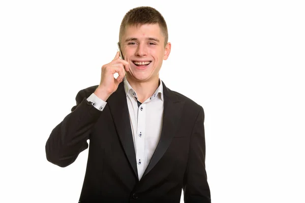 Estúdio Tiro Jovem Empresário Feliz Sorrindo Falando Telefone Celular — Fotografia de Stock