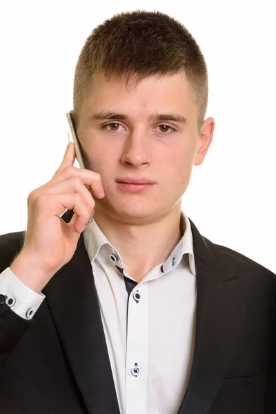 Πρόσωπο Νεαρού Επιχειρηματία Που Μιλάει Στο Κινητό Τηλέφωνο — Φωτογραφία Αρχείου