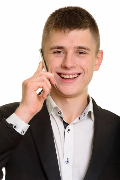 Rosto Jovem Empresário Feliz Sorrindo Falando Telefone Celular — Fotografia de Stock