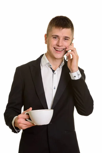 Studioaufnahme Eines Glücklichen Geschäftsmannes Der Lächelt Und Eine Kaffeetasse Der — Stockfoto