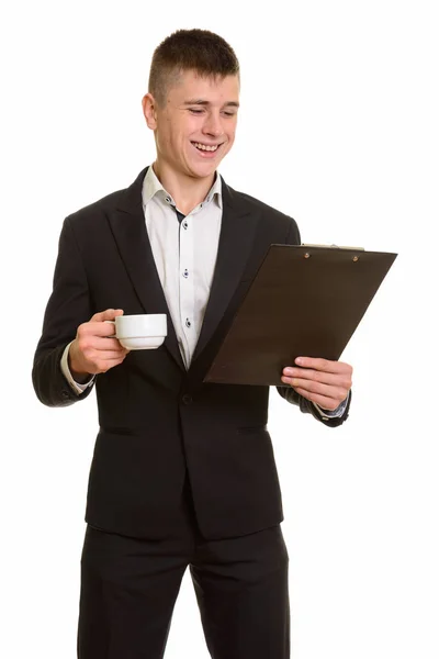 Studio Colpo Giovane Uomo Affari Felice Sorridente Lettura Sugli Appunti — Foto Stock