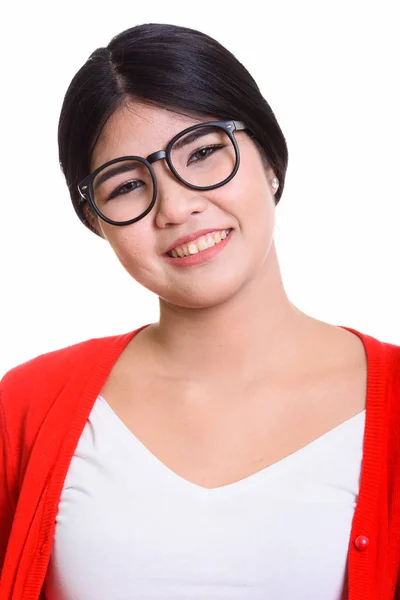 张年轻快乐亚洲书呆子女人微笑的脸 — 图库照片