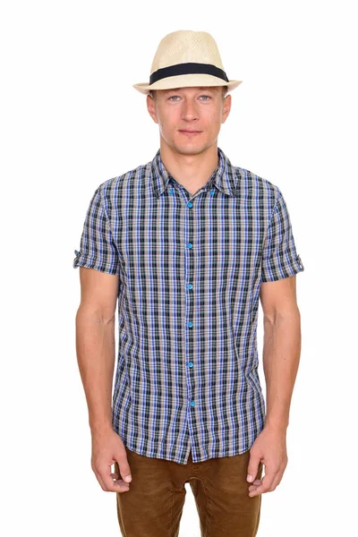 Studio shot of young handsome Caucasian man isolated against whi — Stock Photo, Image