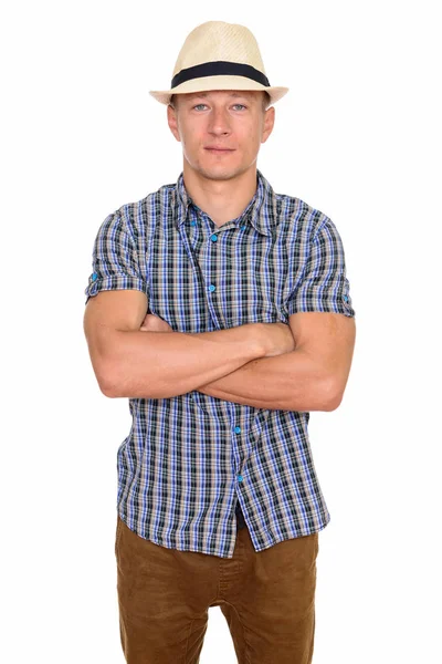 Studio shot of young handsome Caucasian man isolated against whi — Stock Photo, Image