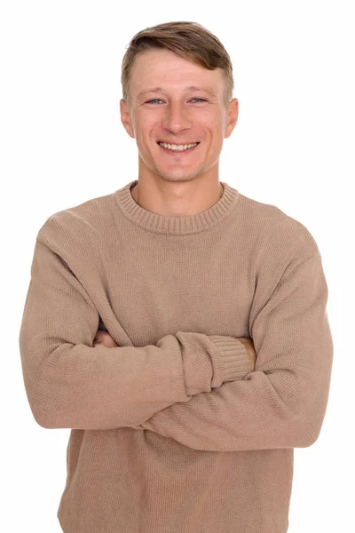 Studio shot of young happy Caucasian man isolated against white — Stock Photo, Image