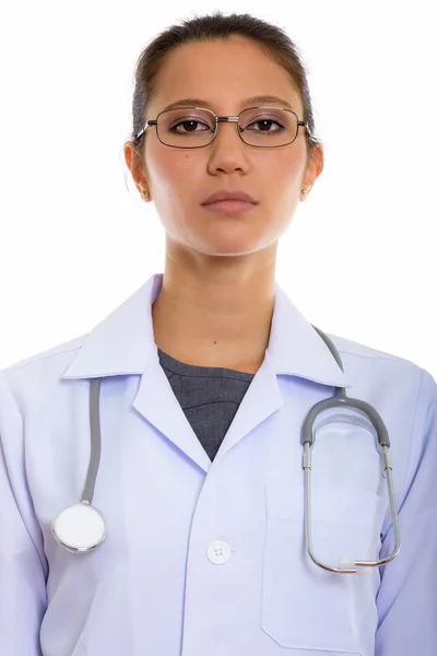 Volto di giovane bella donna medico indossa occhiali da vista — Foto Stock