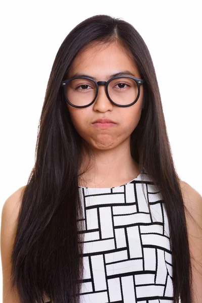 Volto di giovani asiatico adolescente nerd ragazza cercando sconvolto — Foto Stock