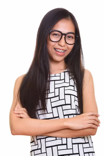Close up van jonge gelukkig Aziatische tiener nerd meisje glimlachend met arm — Stockfoto