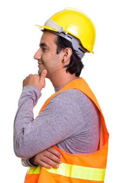 Profil gülümseyen mutlu Farsça adam inşaat işçisi görünümünü bir — Stok fotoğraf