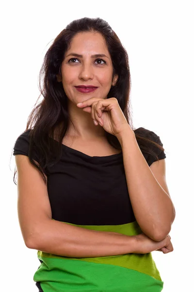 Close up of happy Persian woman smiling and thinking while looki — Stock Photo, Image