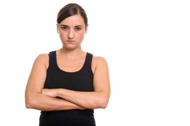 Güzel kadın geçti silahlarla öfkeli seyir stüdyo çekim