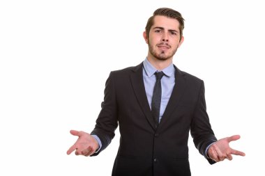 Genç yakışıklı beyaz işadamı Shrugging