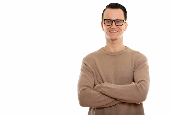 Studio colpo di giovane uomo felice sorridente mentre indossa occhiali da vista — Foto Stock