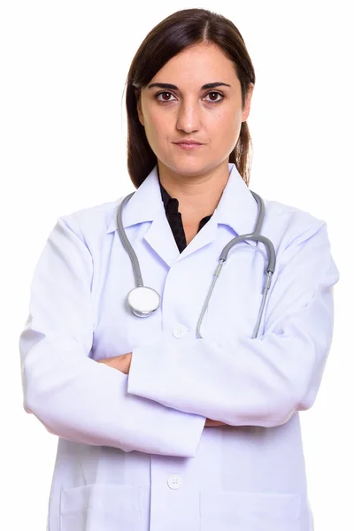 Close up of beautiful woman doctor with arms crossed — Stock Photo, Image