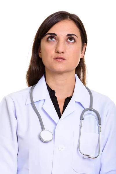 Tvář krásná žena lékaře myslet při vyhledávání — Stock fotografie