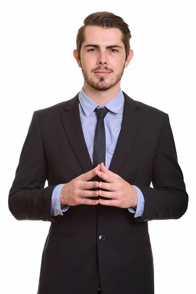 Young handsome Caucasian businessman intertwining fingers togeth — Stock Photo, Image