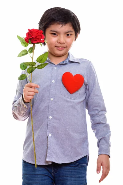 Estúdio tiro de menino japonês bonito segurando vermelho rosa com coração vermelho — Fotografia de Stock