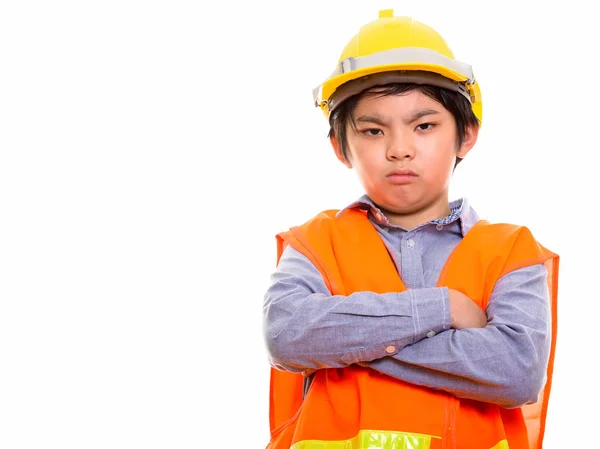 Studio colpo di arrabbiato giapponese ragazzo costruzione lavoratore con braccia — Foto Stock