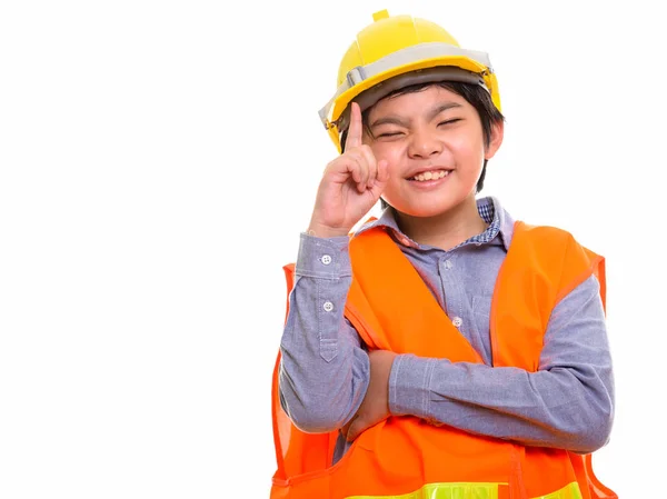 Glada japanska pojke byggnadsarbetare ler medan pekar fi — Stockfoto