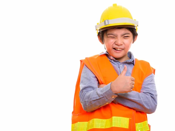 Glada japanska pojke byggnadsarbetare ler och blinkar medan — Stockfoto