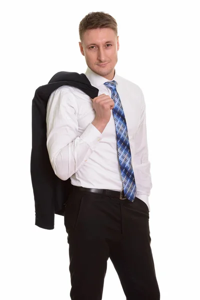 Guapo hombre de negocios caucásico con chaqueta sobre el hombro —  Fotos de Stock