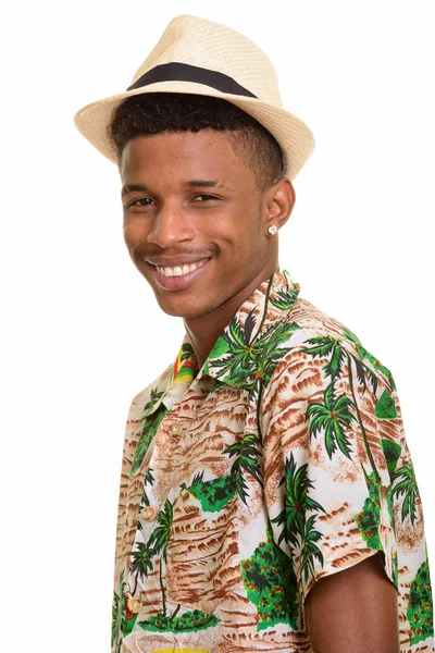 Boldog afrikai fiatalember ready for a nyaralás — Stock Fotó
