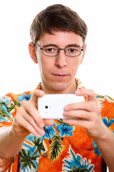 Face of man taking picture with mobile phone — Stock Photo, Image