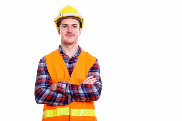 Studio colpo di felice uomo lavoratore edile sorridente con le braccia c — Foto Stock