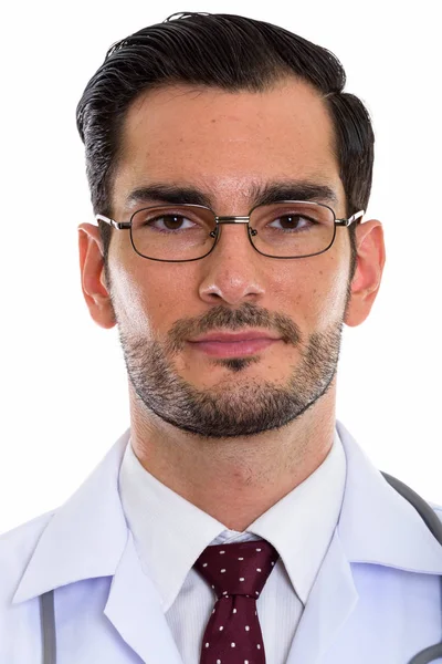 Tvář mladého pohledného muže lékař nosí brýle — Stock fotografie