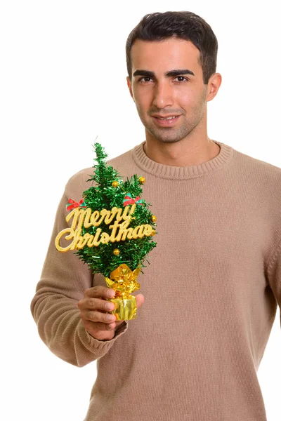 메리 크리스마스 트리를 준비 개최 하는 젊은 행복 한 백인 남자 — 스톡 사진