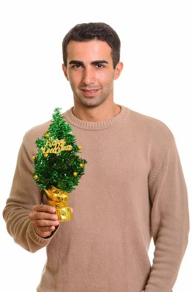 Junge glückliche kaukasische Mann hält frohen Weihnachtsbaum bereit für — Stockfoto