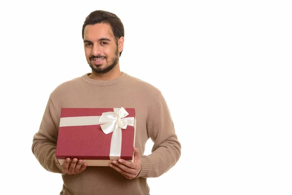 Giovane felice uomo indiano in possesso di scatola regalo pronto per San Valentino da — Foto Stock