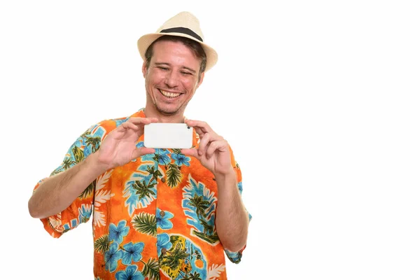Happy Caucasian man taking picture with mobile phone ready for v — Stock Photo, Image