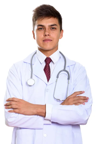 Studio shot of young handsome man doctor with arms crossed — Stock Photo, Image