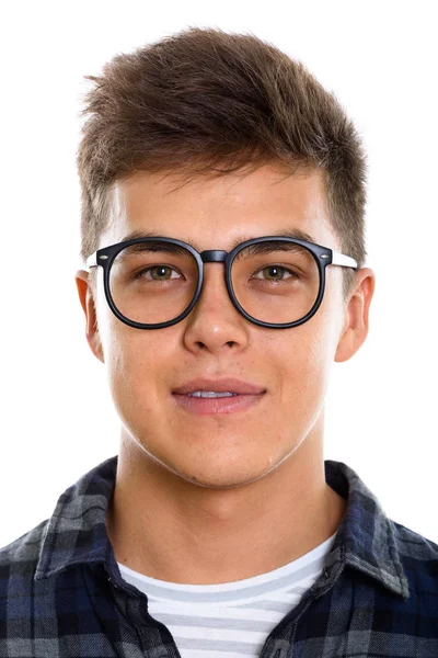 Cara de joven hombre guapo con anteojos y shir a cuadros — Foto de Stock