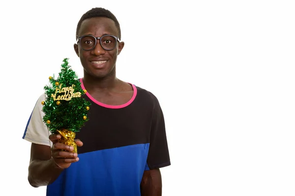 Joven hombre africano feliz sonriendo sosteniendo árbol de Año Nuevo feliz — Foto de Stock