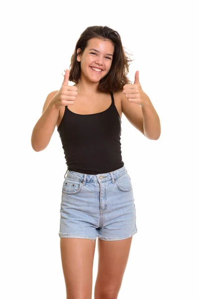 Jovem feliz caucasiano adolescente menina sorrindo e dando polegares para cima — Fotografia de Stock