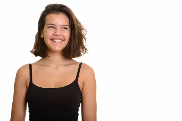 Joven feliz caucásico adolescente sonriendo y pensando — Foto de Stock