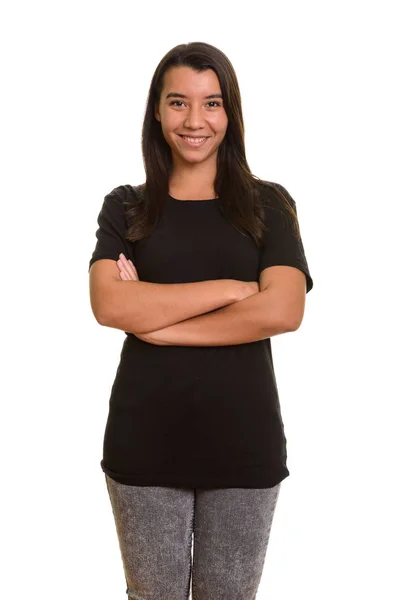 Young happy Caucasian woman smiling with arms crossed — Stock Photo, Image